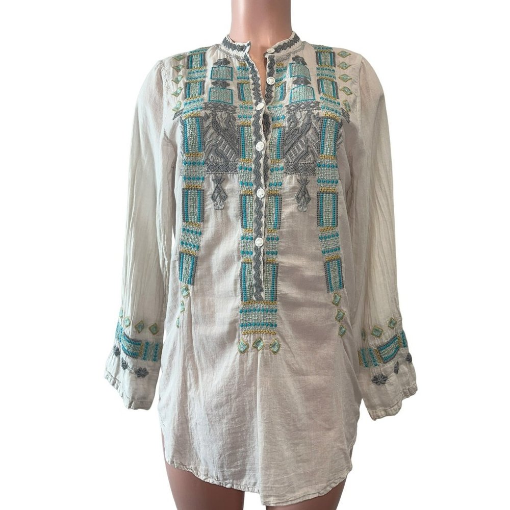 210. Johnny Was Biya Embroidered Henley Tunic Top Cream Small